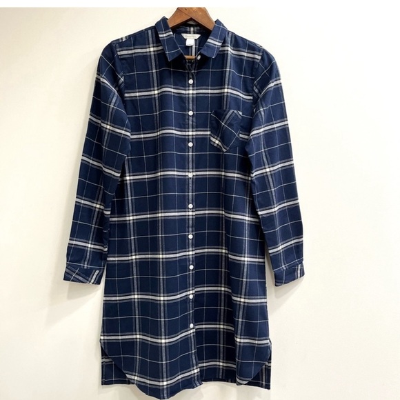 Garnet Hill NWOT Long Sleeve Navy Blue Plaid Flannel Button Down Dress - Picture 3 of 11